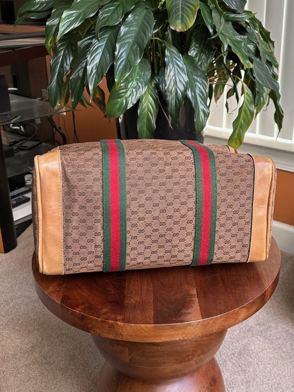 GUCCI Monogram Vintage Web Boston Bag Brown Tan Rare - Picture 7 of 15